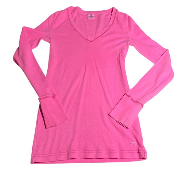PINK Victoria's Secret Tops - PINK Victoria's Secret Waffle Knit Thermal V-Neck Top Neon Pink Medium